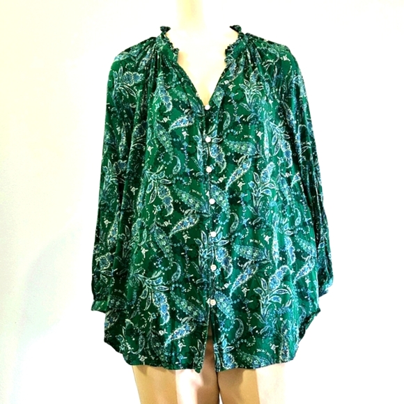 J. Jill Womens Ruffled Satin Top Paisley Tunic Top Button Up Cottagecore Green L - Picture 3 of 13
